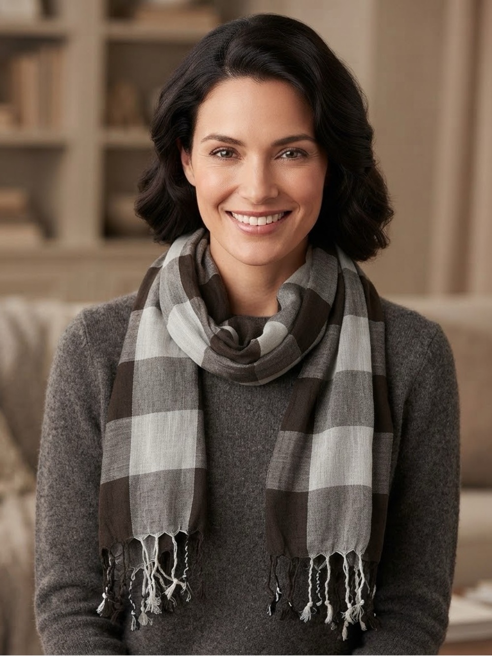 100% cotton Lightweight Brown and White Check plaid Scarf